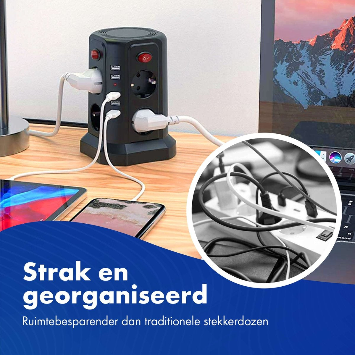 Steckdose mit Schalter und USB - Energiesparende Ein/Aus-Tasten - Power Block - Powercube - Schwarz - 3 Meter Kabel