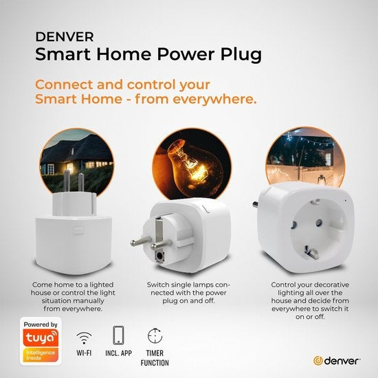 Denver Smart Plug mit Energiezähler - Erdung - Timer - Smart Plug - TUYA - Funktioniert mit Amazon Alexa und Google Home - WiFi - Für iOS und Android - SHP102