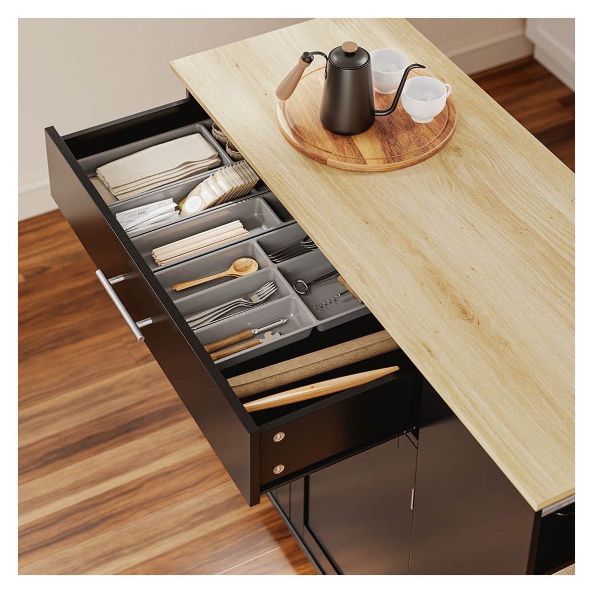 SoBuy Küchenwagen 99 x 40 x 84,3 cm – Schwarz – 2 Türen – Schublade – 4 Rollen