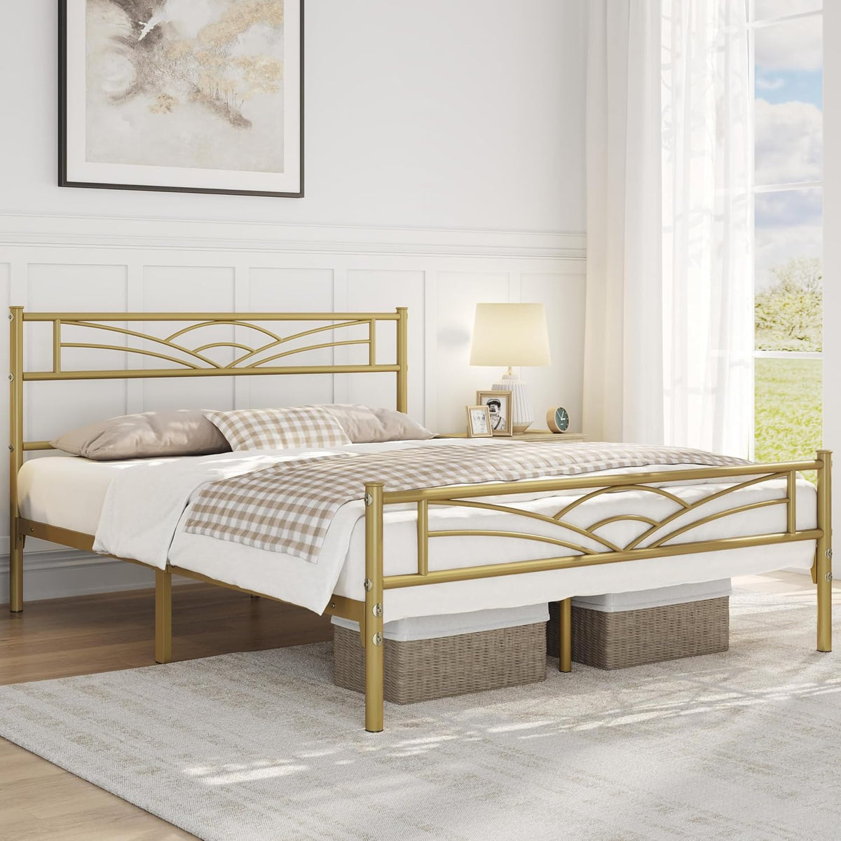 Yaheetech Metall-Bettgestell 140 x 200 cm – Antikgold – Modernes Jugendbett mit Lattenrost und großzügigem Stauraum
