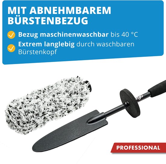 Mikrofaser-Felgenbürste, extra dünn, mit abnehmbaren Borsten, für eine schonende Reinigung bis tief in das Felgenbett hinein, ideal für hochwertige Felgen, Radbürste