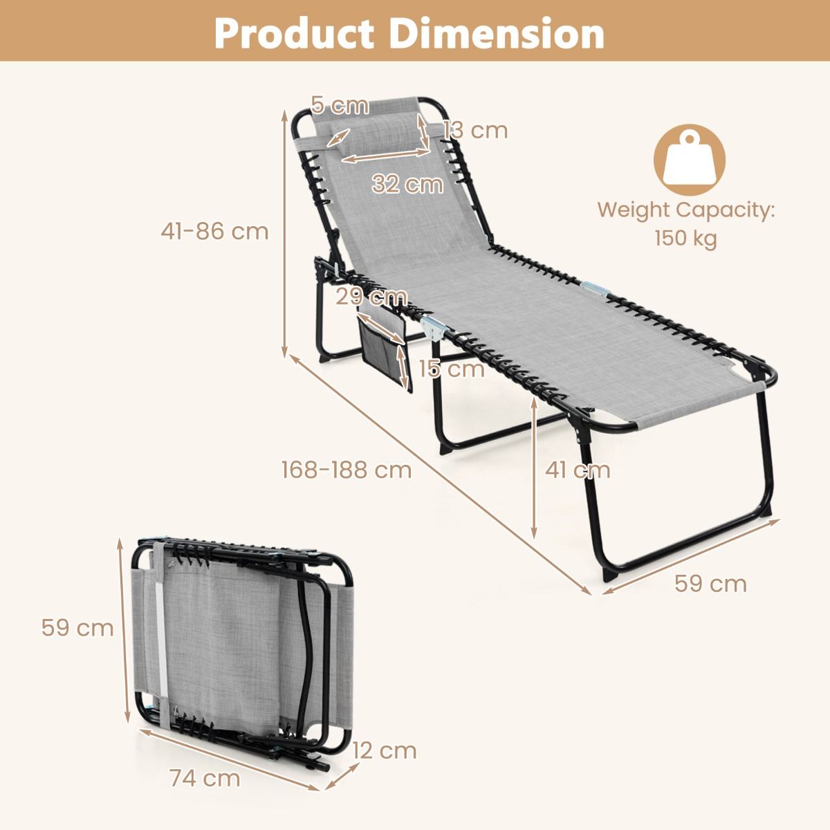 Coast Garden Lounger - Sonnenliege mit Seitentasche und Kopfstütze - klappbar - mit verstellbarer Rückenlehne - grau