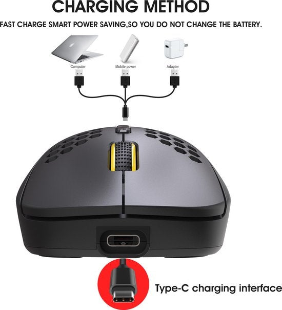 HXSJ T90 2.4G Wireless Gaming Mouse - Bluetooth - Computermäuse - Ultraleicht - RGB-Beleuchtung - Schwarz