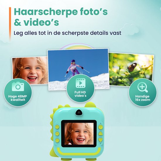 ODESSEY Kinderkamera mit Drucker - Full HD - Selfie-Kamera - 32GB SD-Karte - Foto - Video - Spiele - Digitalkamera Kinder - Fotokamera für Kinder - Dino