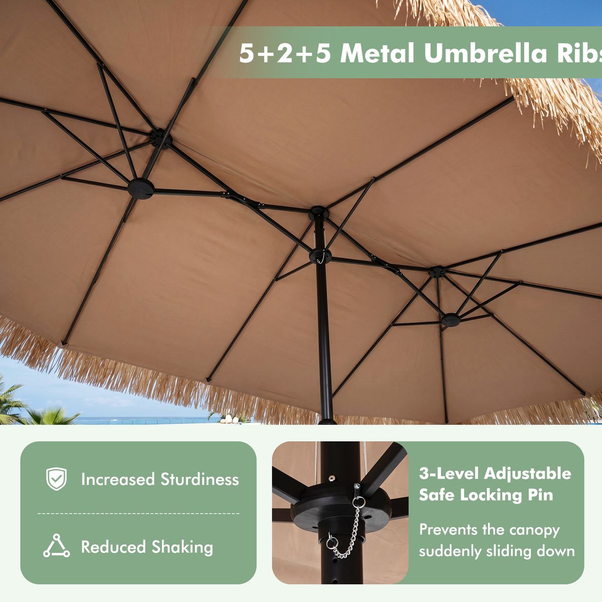 Coast Doppel-Strohsonnenschirm – tropischer Hawaii-Stil – ohne Lampe, ohne Sonnenschirmständer – 450 x 270 cm – naturfarben
