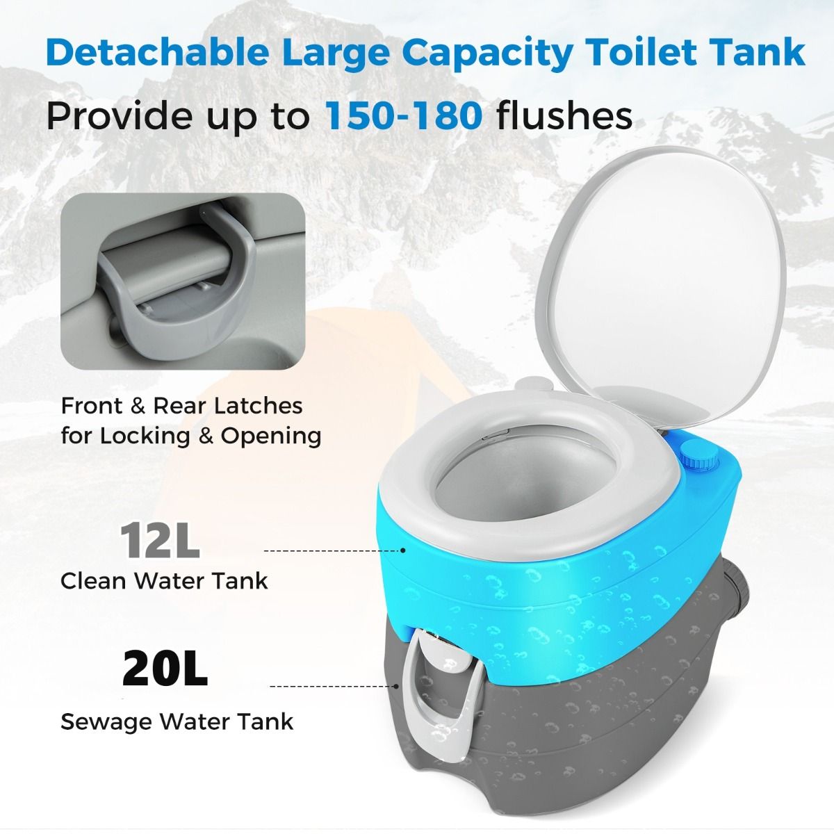 Coast Portable Campingtoilette - abnehmbarer 20L Wassertank - mit Spülpumpe - 45 x 40 x 42 cm - Grau