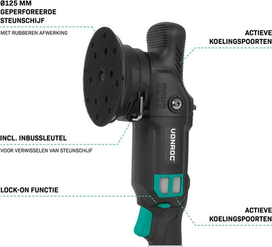 VONROC PRO Exzenterpolierer 20V - Ø 125mm - Bürstenloser Motor - 7 Geschwindigkeiten (2000-5000/min) - Soft Start - Inkl. Stützteller