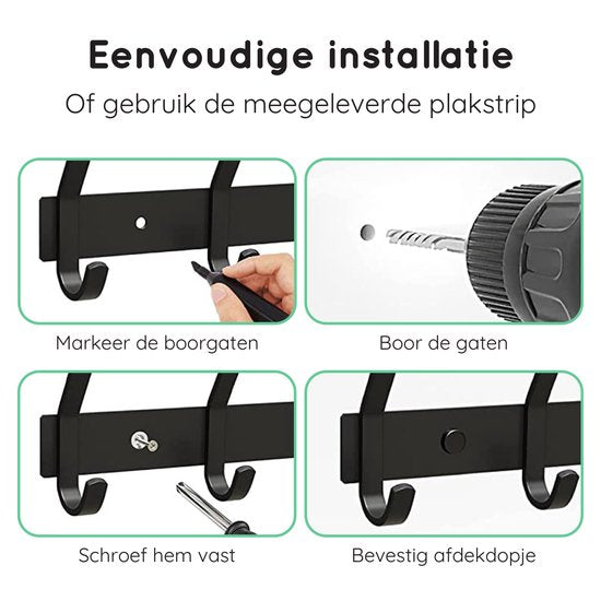 Volcan Wandgarderobe - 16 Haken - Edelstahl - Wandgarderobe zum Aufhängen - Industriell - 3M-Band - Schwarz