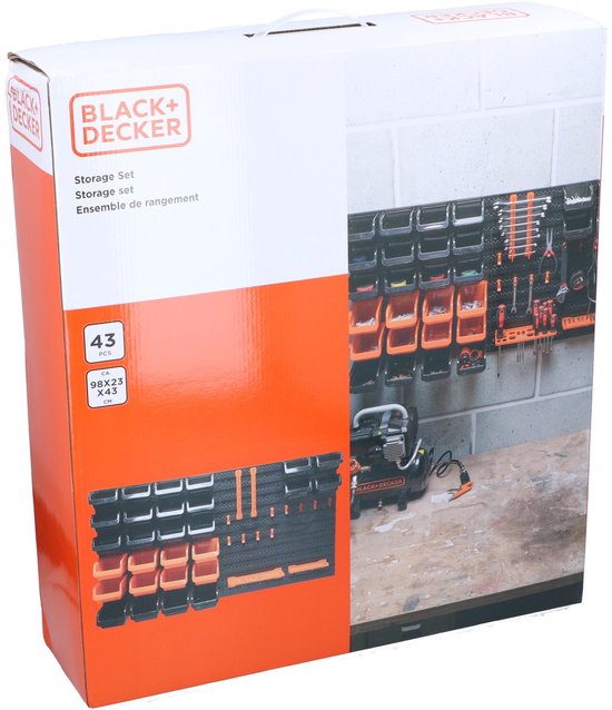 BLACK+DECKER Werkzeugtafel mit Aufbewahrungsfächern und Aufhängern – 98 x 23 x 43 cm – 43 Teile – Werkzeugwand