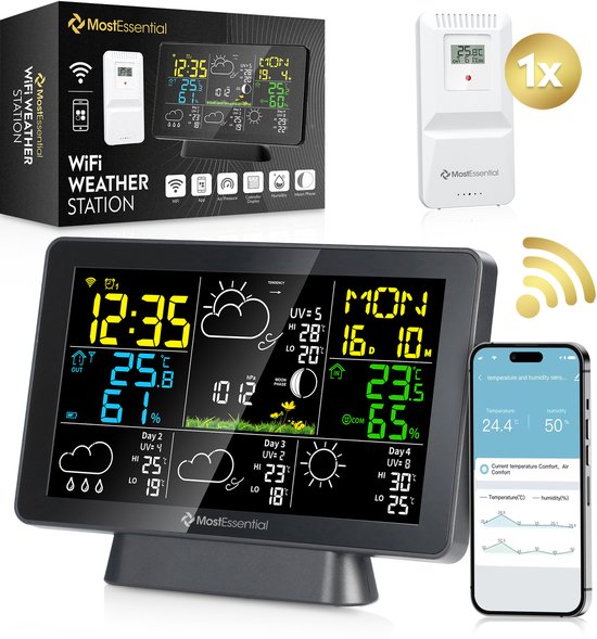MostEssential Wetterstation Wifi Edition - Drahtlos - Mit Außensensor - Hygrometer - Innen und Außen - 150 Meter Reichweite - Inklusive App - Schwarz