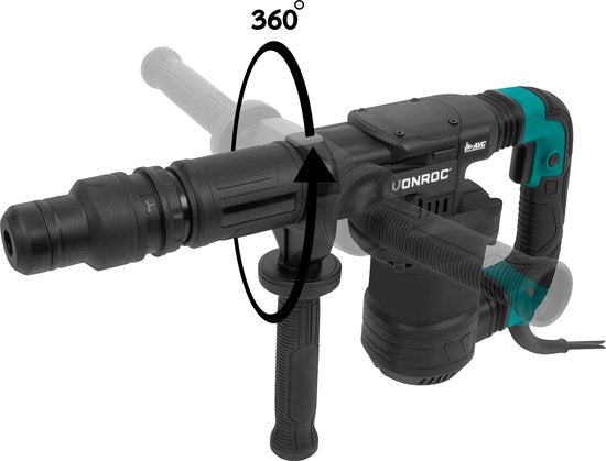 VONROC PRO Aufbrechhammer 1200W - 6kg - Schlagkraft: 14 Joule - Schlaggeschwindigkeit: 3100 p/m - 5 Meter Kabel - Inkl. Seitengriff, Spitzmeißel, Flachmeißel und Tube Fett