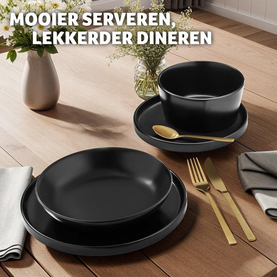 tectake Geschirrset Una - 24-teilig - Steingut 6 Personen - Stilvoll, langlebig und ideal für den täglichen Gebrauch oder festliche Anlässe - Große und kleine Teller, Schüsseln/Teller - mattschwarz