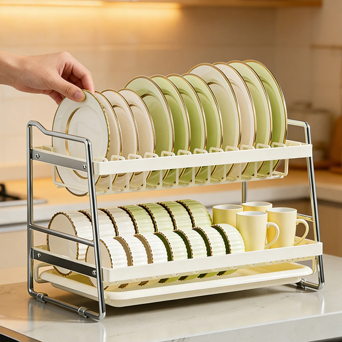 Maxcook Abtropfgestell, 2-stöckig – mit Auffangschale – 40 x 23,6 x 28,7 cm – Weiß