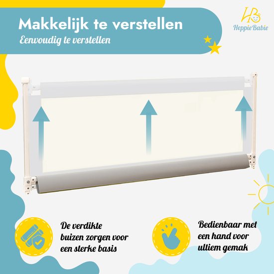 HeppieBabie Bettgitter - Universal - Extra lang 150 CM - Verstellbar - Grau mit Sicherheitsnetz - Bettgitter - Bettgestell