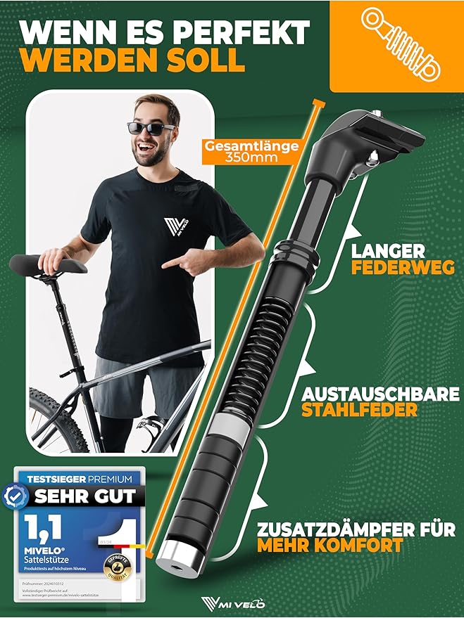 MIVELO Federsattelstütze - Einstellbar - 40 mm Federweg - Max. 120 kg - 31.6 mm - Schwarz