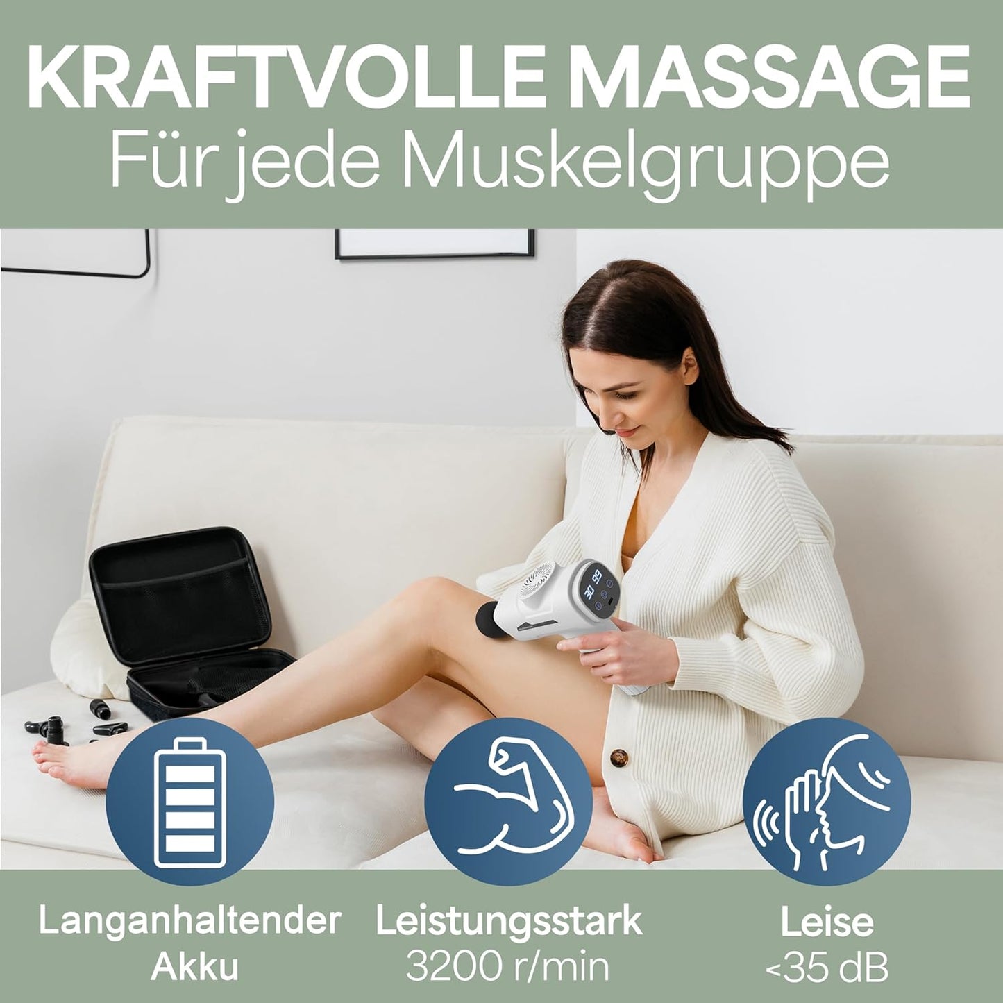 HELDENWERK Aktiv-Massagepistole - 30 Geschwindigkeiten - 6 Massageköpfe - flüsterleise - USB-C wiederaufladbar - LCD-Touchscreen - inklusive Aufbewahrungskoffer - weiß