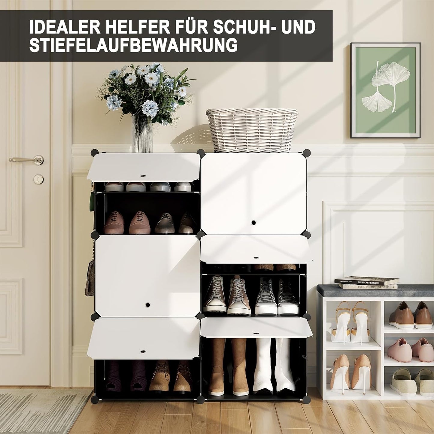 Woltu Schuhregal mit 6 Fächern – Aufbewahrungsschrank für 24 Paar Schuhe – Weiß/Schwarz – 94 x 36,5 x 109 cm