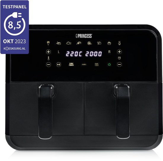 Princess Double Basket Airfryer 182068 - Double Airfryer - 8 Liter - 2 Körbe - XXL - 8 Programme - 2400W - Doppelte Heißluftfritteuse - Touchscreen - Schwarz - 80°C bis 220°C - Sync-Funktion