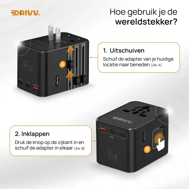 Drivv. Universeller USB-C-Reiseadapter mit 45 W – für über 180 Länder – 3x USB-C & 2x USB-A – kompakter Reiseadapter