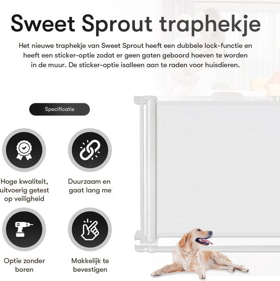 Aufrollbares Treppentor mit Stickerfunktion - Sicherheitstor - Verstellbar - Hundetor - Treppentor ohne Bohren - Kindertor - Für Tiere und Kinder - 10 bis 150 cm breit - Weiß - Sweet Sprout