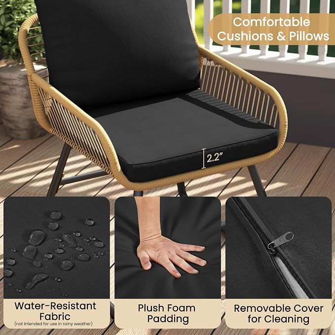 Yaheetech 3-teiliges Bistro-Set für den Garten – Beige/Schwarz – Rattan-Gartenset mit Glastisch und 2 Stühlen
