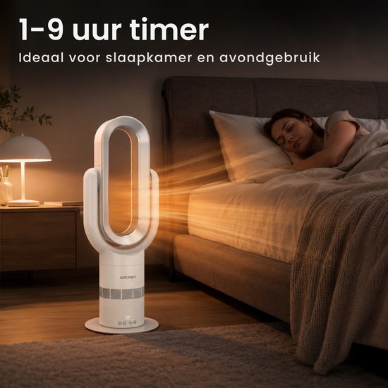 Aironex Swing kabelloser Ventilator mit Heizfunktion – Heizventilator – 2-in-1: Kühlen & Heizen – 10 Stufen – 71° Schwenkbereich – Fernbedienung – Weiß