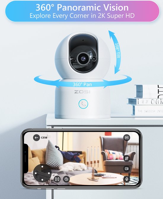 Fuegobird ZOSI C518 Indoor IP Kamera - 3MP - Gegensprechfunktion - Sicherheitskamera - Haustierkamera - Babykamera - Kompatibel mit 2.4G/5G WIFI - Funktioniert mit App - Weiß