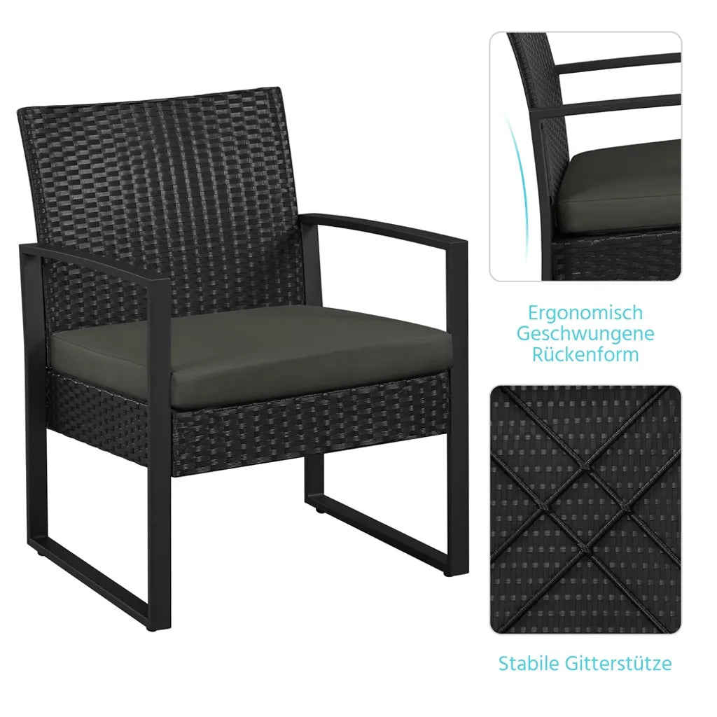 Yaheetech Gartenmöbel-Set, 3-teilig – Schwarz/Grau – Balkon-Set aus Polyrattan mit Beistelltisch