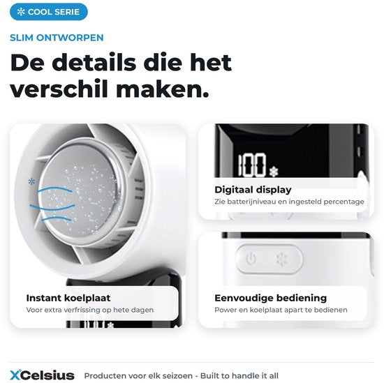 XCelsius® Handventilator – Tragbarer, zusammenklappbarer Mini-Ventilator – Über USB-C aufladbar – Stufenlos von 0 % bis 100 % einstellbar – Mit Sofort-Kühlplatte – Weiß