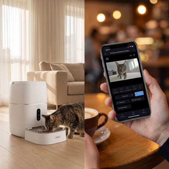 Princess Automatischer Fressnapf – HD-Kamera & Smart – 6 Liter – Katze & Hund – App-Steuerung – Geplante Fütterung – Edelstahlschüssel – Pufferbatterie – Futterautomat – Futterspender – 610065