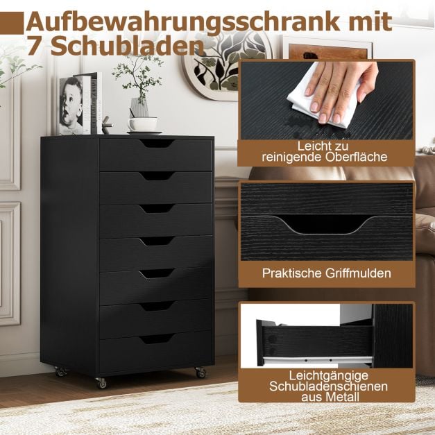 Coast Kommode mit 7 Schubladen und Rollen – Schwarz – 49 x 40 x 87 cm
