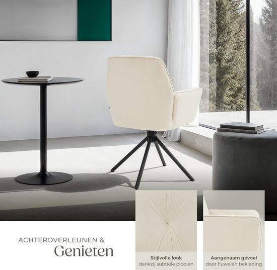 tectake® Drehstuhl Lenia - 2er-Set Drehstühle mit Armlehne - Esstischdrehstuhl - Drehsessel - gepolstert - Samtoptik Creme/Schwarz