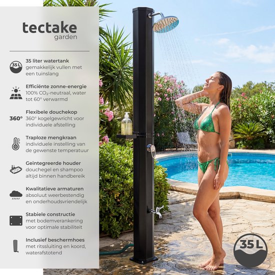 tectake® Außendusche – Solar – 35 l – Warmwasser bis 60 °C – Mit Schutzhülle und Seifenschale – Gartenschlauchanschluss – Gartendusche mit großem, verstellbarem Duschkopf und Fußhahn – Solardusche – Campingdusche mit Solarenergie – Schwarz