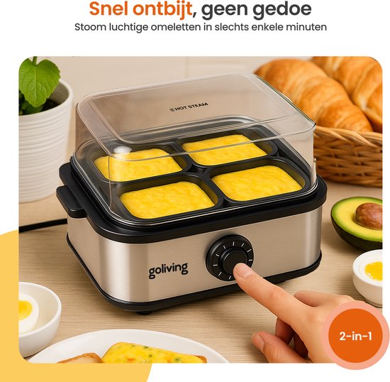 Goliving Eierkocher 2-in-1 - 1 bis 8 Eier - Kochen, Pochieren, Omelett - hart, weich und mittelweich gekocht - elektrisch - mit Timer - Silber
