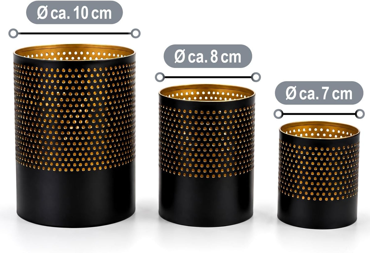 com-four® 3er-Set Metalllaternen – Schwarz/Gold – 7,5, 10 und 13 cm