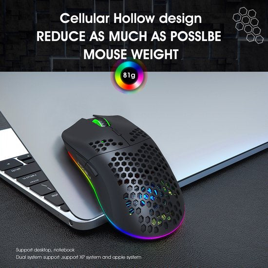 HXSJ T66 - Kabellose Gaming-Maus - Computermäuse - Ultraleicht - RGB-Beleuchtung - Schwarz