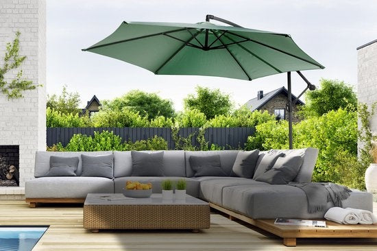 909 OUTDOOR Hängesonnenschirm in dunkelgrün 2,5 m hoch, Gartenschirm mit Stahlgestell und Abdeckung, Sonnenschirm mit Kurbel und Kippfunktion, Durchmesser 300 cm