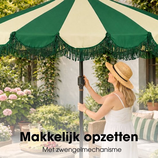 Mica Decorations Kim – Gestreifter Sonnenschirm mit Tragetasche – Stangensonnenschirm 238 x Ø 235 cm – Garten- oder Balkonsonnenschirm – Polyester, Stahl – Dunkelgrün
