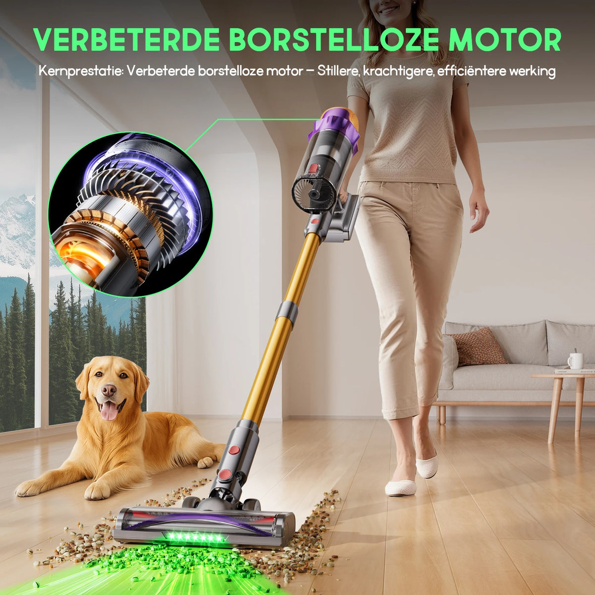 Daynee Kabelloser Stabstaubsauger 65 kPa – Bis zu 70 Minuten Laufzeit – Anti-Verfilzungsbürste mit LED – Ideal für Tierhaare – Gold