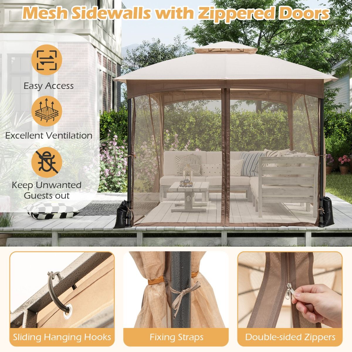 Coast Gartenpavillon – Doppeldach – Moskitonetz und Sandsäcke – Khaki 3 x 3 m