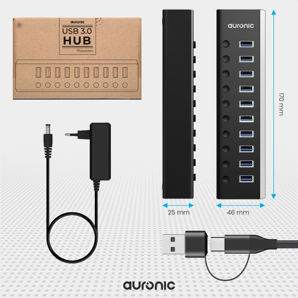 Auronic USB Hub 3.0 - USB Splitter mit 10 Ports - mit Netzteil - 5 GBPs - Led-Anzeige - Schwarz