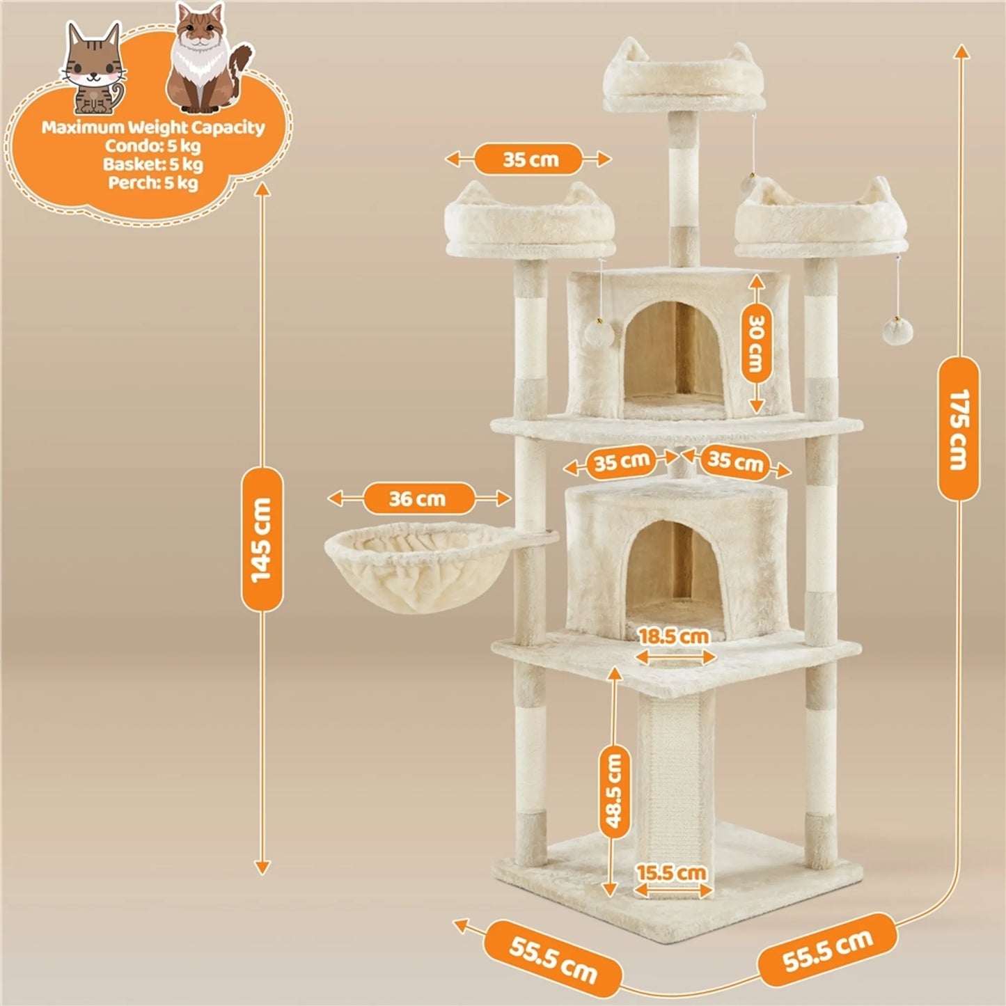 Yaheetech Katzenpfosten XXL mit 3 Aussichtsplattformen - Ausgestattet mit 2 Katzenhöhlen und Kratzbrett und Anti-Kipp-System - Für Haushalte mit mehreren Katzen - Beige Plüsch und Sisal - 55,5 x 55,5 x 175 cm