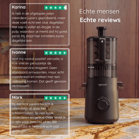 Safecourt Kitchen Slow Juicer XXL - leistungsstarker Motor [Vorschneider & Kaltpress-Technologie] - einfache Reinigung - BPA-frei - Entsafter Schwarz