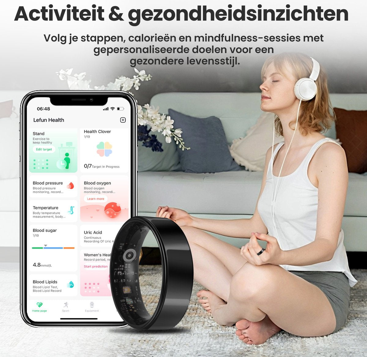 Saaf Smart Ring - Schwarz - Größe 8 - Schlanker Activity Tracker für Frauen und Männer