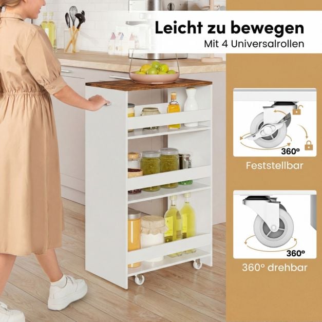 Coast Schmaler Küchenwagen – 4-stöckiges Regal mit Griff, 47,5 x 30 x 80,5 cm – Weiß