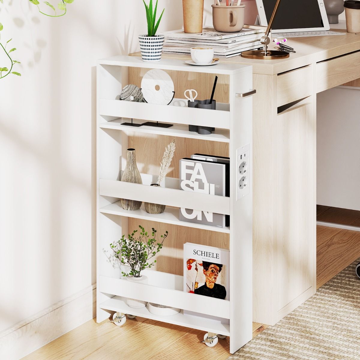 Coast Aufbewahrungswagen mit Ladestation – ultradünnes 4-lagiges Design – Griff und Rollen – weiß
