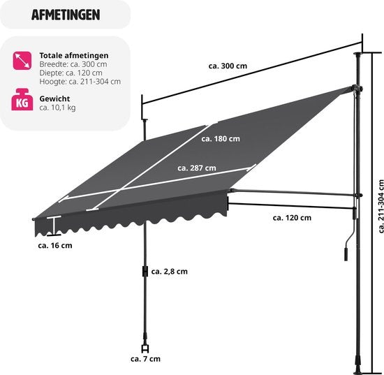 tectake - Klemmmarkise - Sonnenschirm - Markise - Verstellbar - Klemmmarkise - Sonnenschirm Balkon - 300 x 180 cm - schwarz grau - Markise - 404965