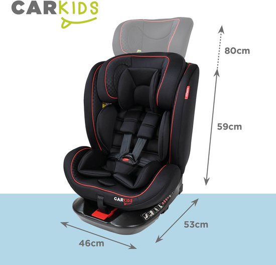 Carkids i-Size-Kindersitz Darcy – Entspricht der Norm i-Size R-129 - Um 360° drehbar - Für Kinder von 40 bis 150 cm - Isofix- und Top-Tether-Befestigung - Verstellbare Kopfstütze und Rückenlehne – Schwarz/Rot