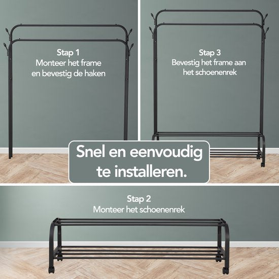 Brixy Kleiderständer - Kleiderständer doppelt - Garderobenständer auf Rädern - Kleiderständer mit Schuhregal - 98 x 34 x 159 cm - Schwarz