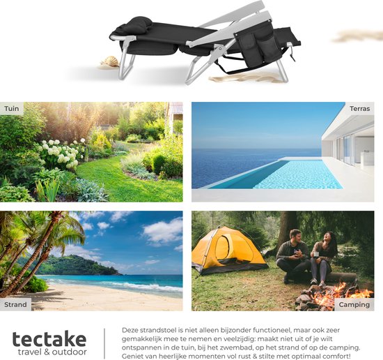 tectake® Beach Chair Coral - faltbarer Campingstuhl mit Kühltasche und Aufbewahrungstasche - 5-fach verstellbare Rückenlehne mit Kopfkissen - breite Armlehnen mit Becherhalter / Telefonhalter - faltbarer Campingstuhl - Schwarz